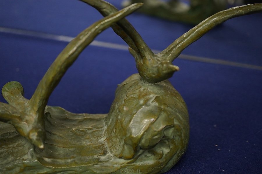 A French bronze bird group, signed CHATIL, 36cm wide